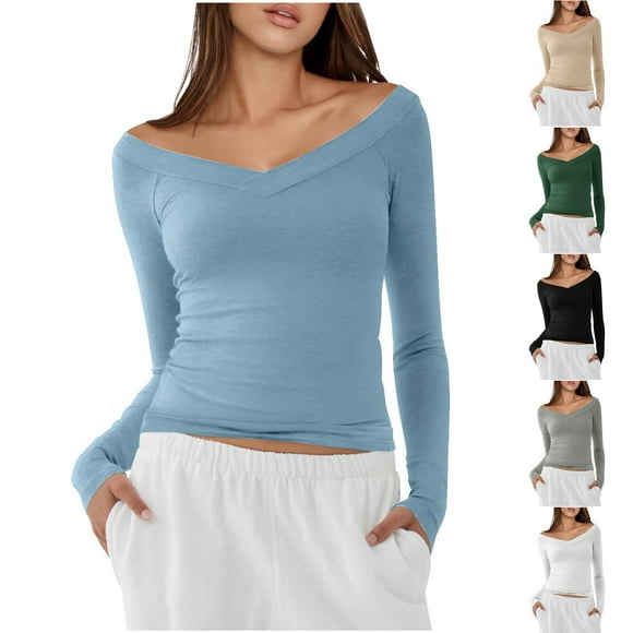 breaise Womens Off The Shoulder Shirts Slim Fit Long Sleeve Stretch T-Shirt Trendy Casual Y2K Tops Streetwear Gray,S