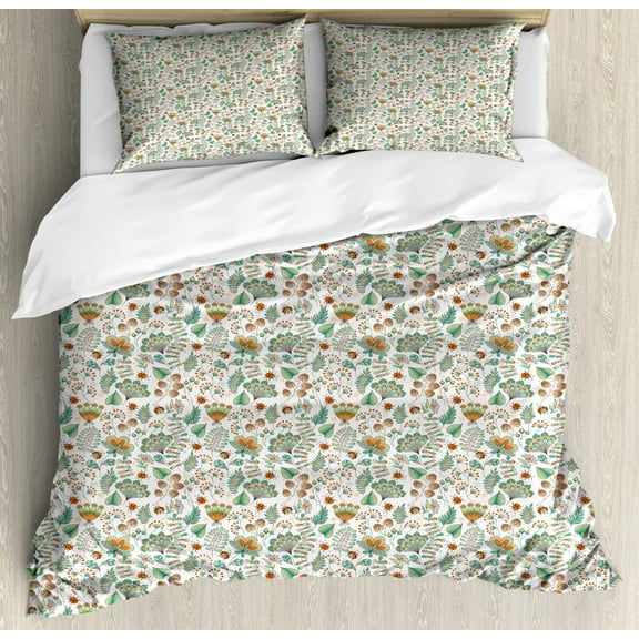 Floral Duvet Cover Set King Size, Doodle Ladybugs Botanical Leaves Petals Ornamented with Geometric Forms, Decorative 3 Piece Bedding Set with 2 Pillow Shams, Seafoam Orange White, by Ambesonne