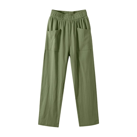 Guluxicc Linen Casual Pants for Womens Elastic Drawstring Waist Straight Trousers Beach Bottoms with Patch Pockets