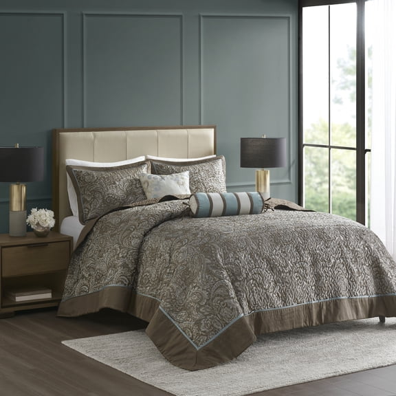 5 Piece Jacquard Bedspread Set with Throw Pillows Blue/Brown Queen