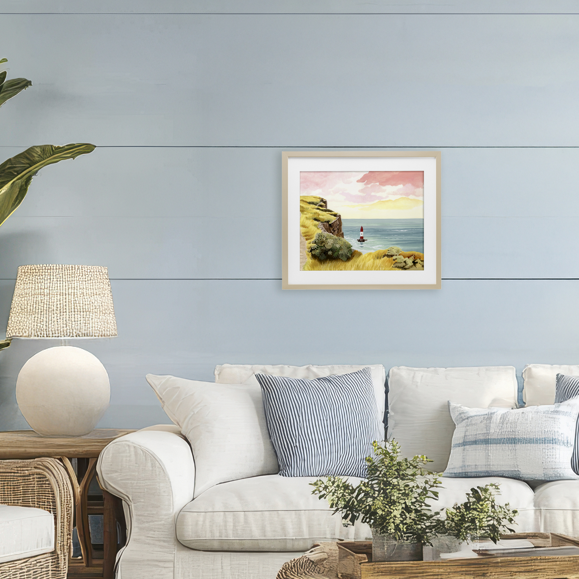 Beachy Head Lone Lighthouse Birch Framed Print Under Glass, design by Courtney Haley
