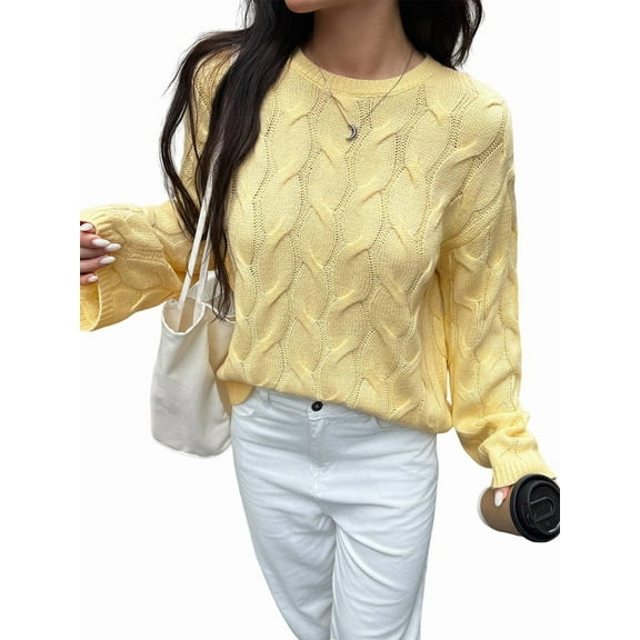 Women Long Sleeve Sweater Fall Ribbed Knit Pullover Loose Crewneck Cable Sweater Jumper Tops Yellow M