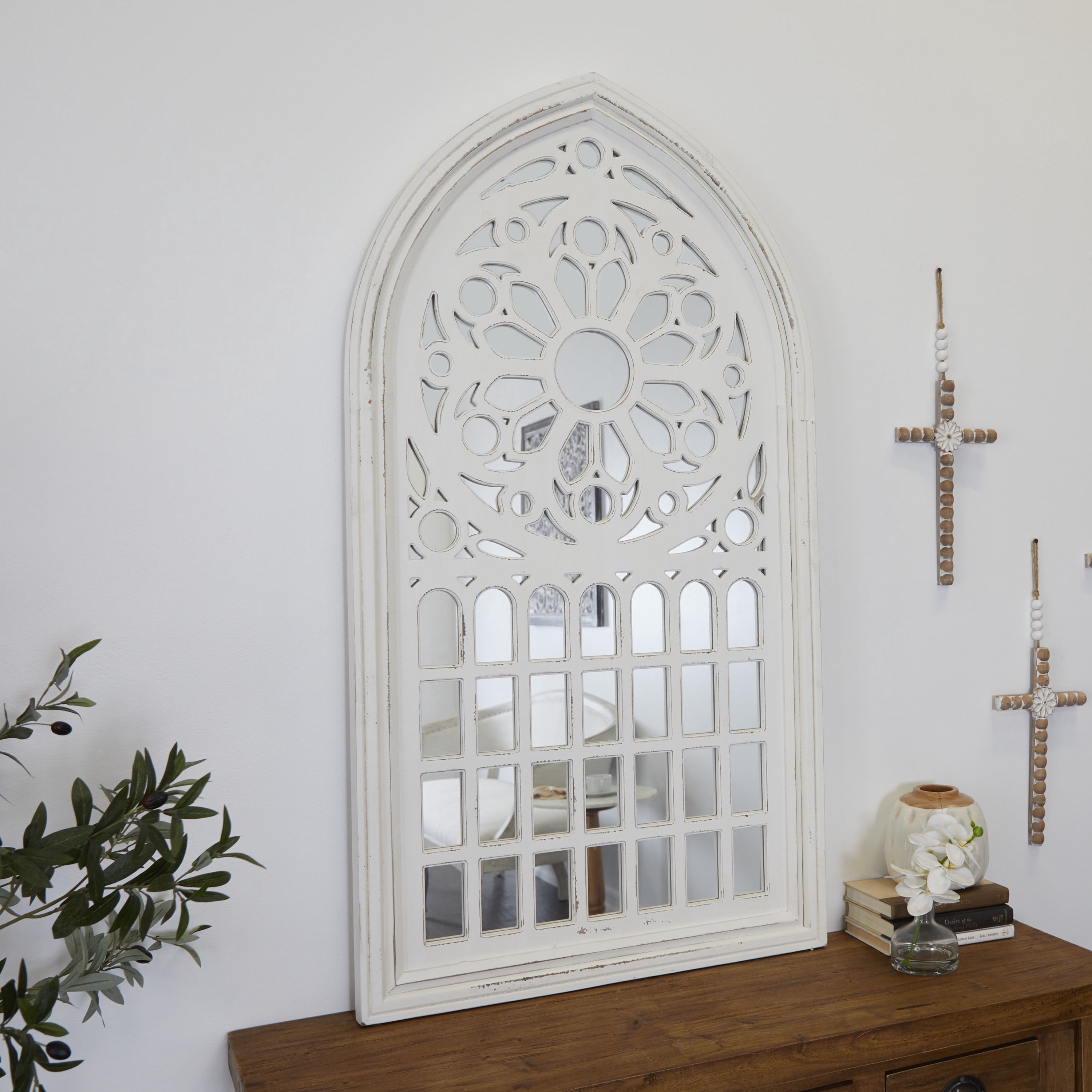 DecMode 28" x 52" White Carved Wall Mirror with Arched Window Panes