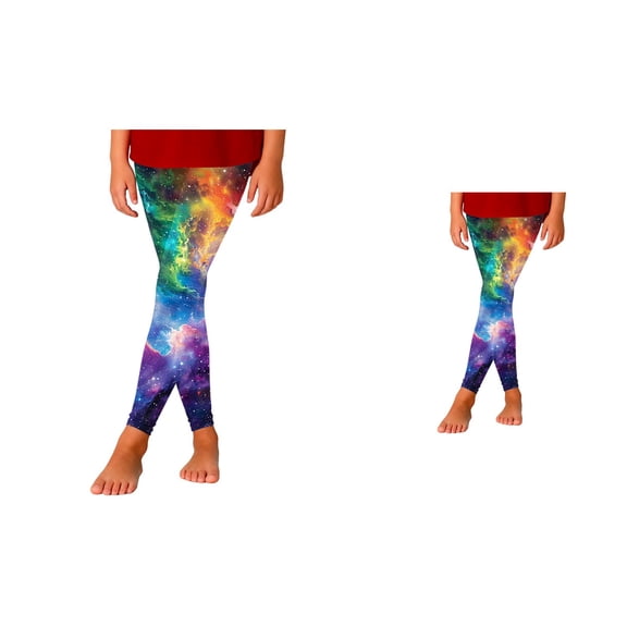 Girls' Starry Sky Print Slim Fit Stretchy Leggings – Buttery Soft Athletic Casual Pants for Play & Everyday Wear with Rainbow Stripes