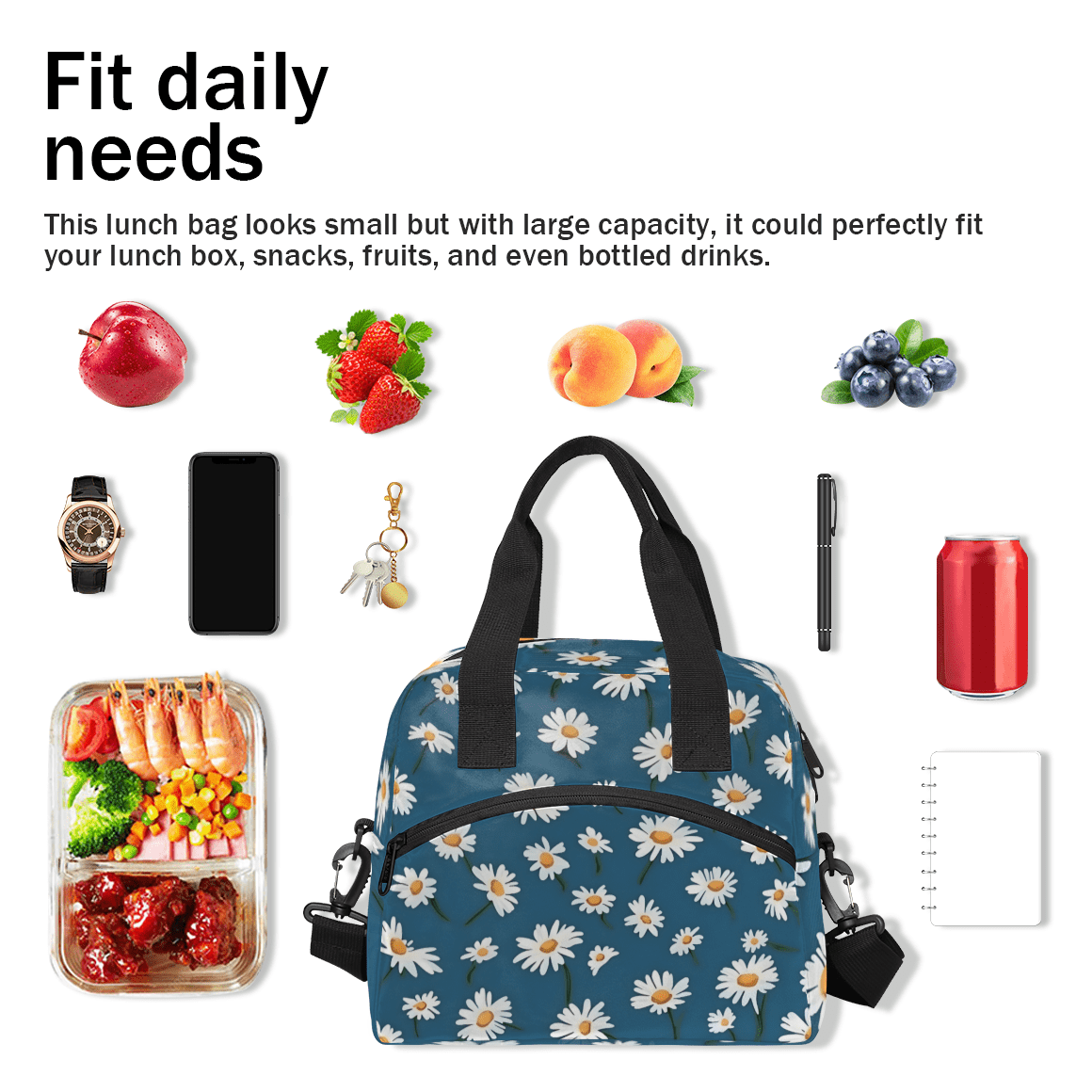 Herdesigns Daisy Flower Insulated Lunch Bag for Women Men Adults Large Reusable Lunch Box Floral Leakproof Cooler Tote Bags with Adjustable Shoulder Strap