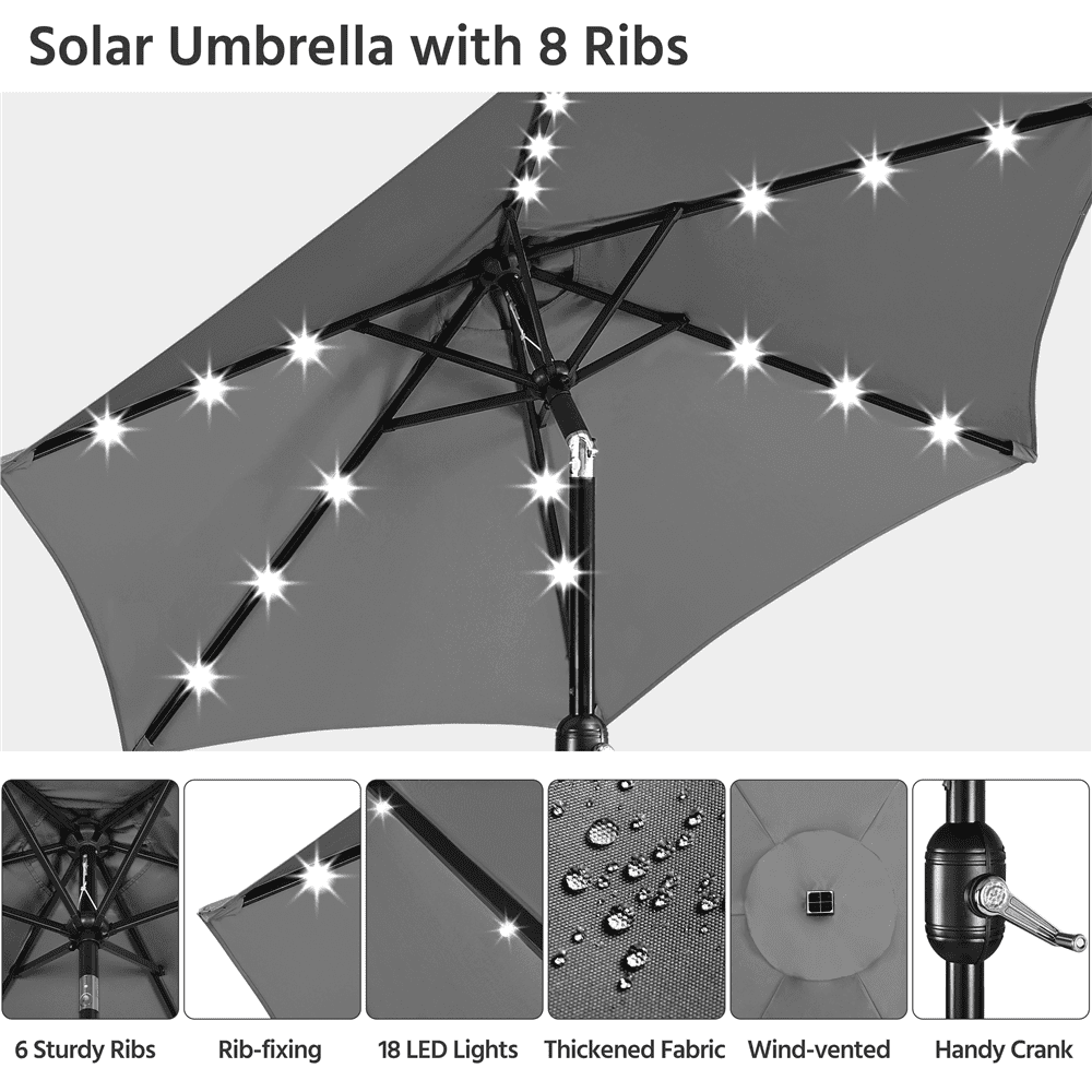Renwick 7.5FT Patio Umbrella with Base Stand and LED Solar Lights, Gray