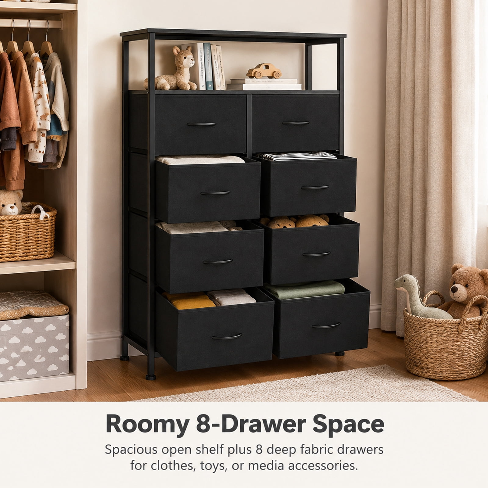 Alvantor 8-Drawer Fabric Dresser with Open Shelf, Chest of Drawers, Steel, MDF, Storage Organizer Unit, Closet, Entryway