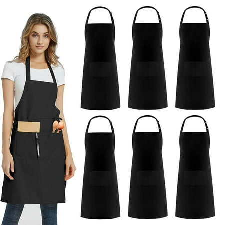 

6 Pack Bib Apron Adjustable Waterdrop Resistant with 2 Pockets Cooking Kitchen Apron for Women Men Chef BBQ Drawing Apron Bulk Black