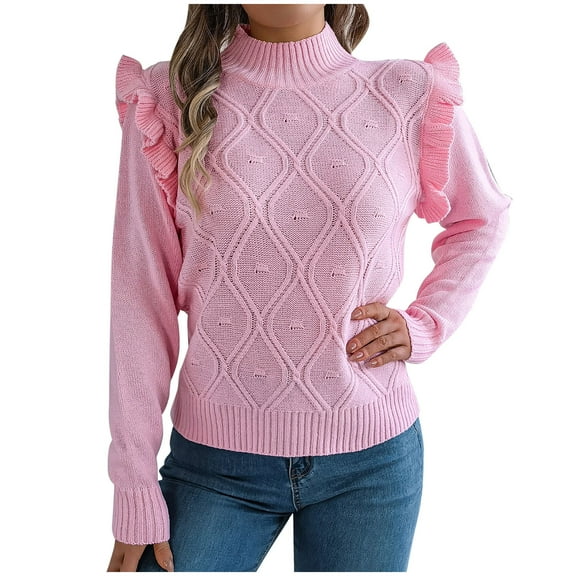 Htigea Women's Mock Neck Sweaters Ruffle Trim Long Sleeve Pullover Cable Knit Jumpers Fall Winter Base Layer Tops for Teen Girls Pink S