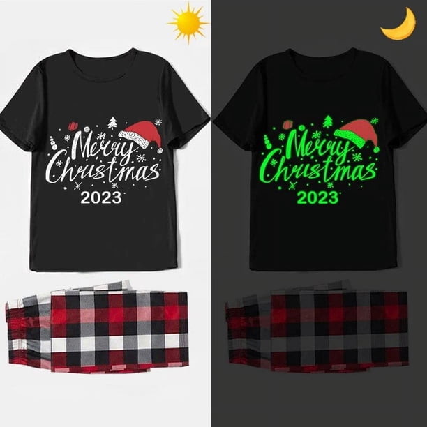 Pijamas familiares a juego de Navidad, conjunto de pijamas de manga corta con eslogan de sombrero de Navidad brillante luminoso, negro, 2023