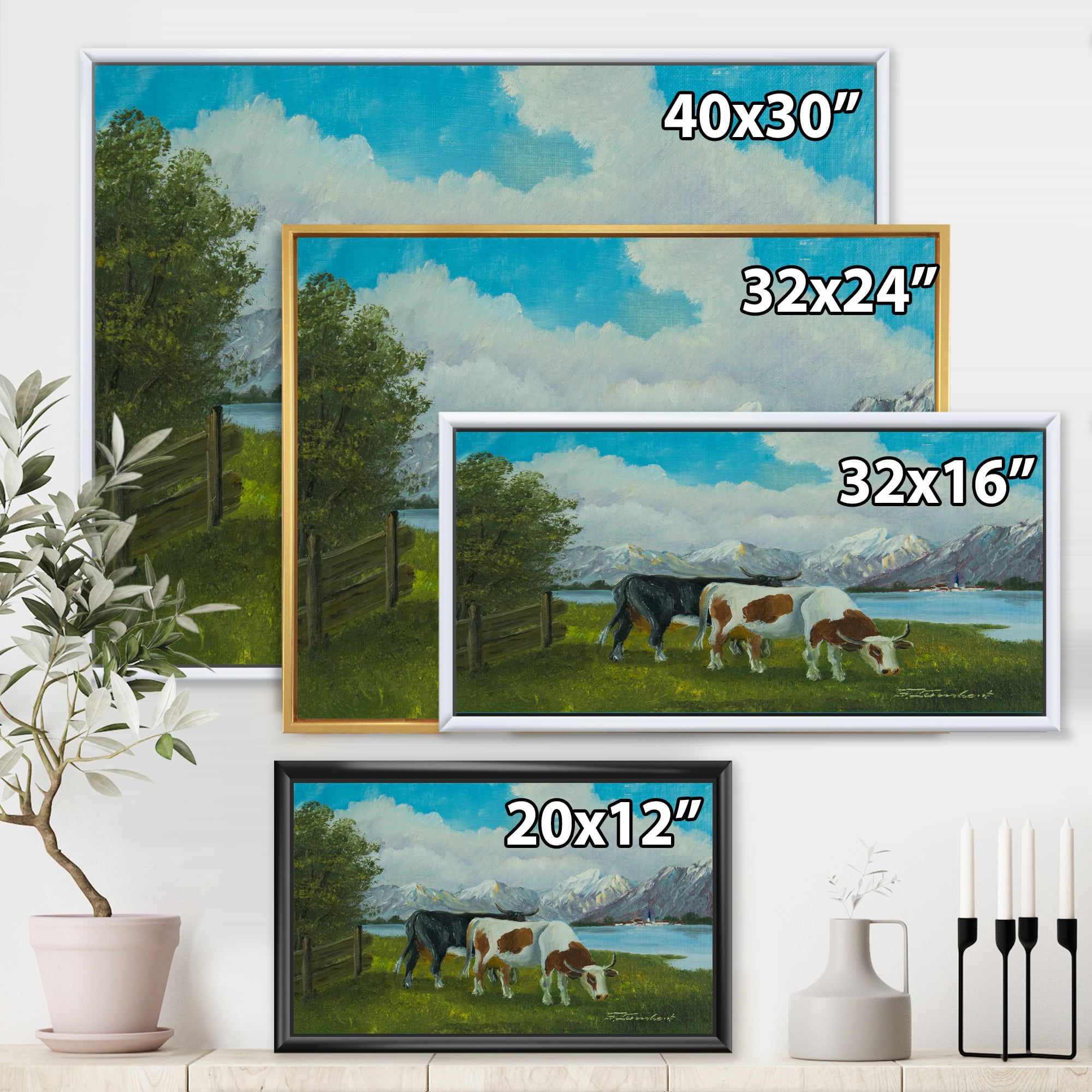 Designart 'Cows Eating Grass In Front Of A Lake' Farmhouse Framed Canvas Wall Art Print