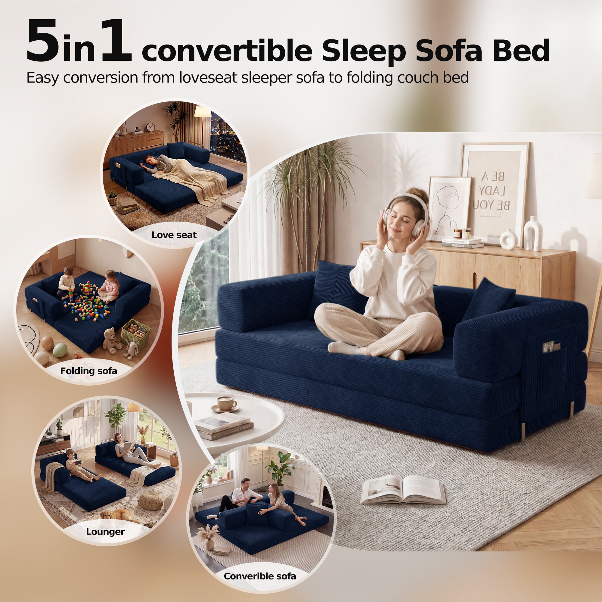 DILORA Convertible Sleeper Sofa Bed,Compressed Floor Boneless Couch,Modular Modern Corduroy Sofa for Living Room Bedroom,Easy Assembly(Bule)78.8''