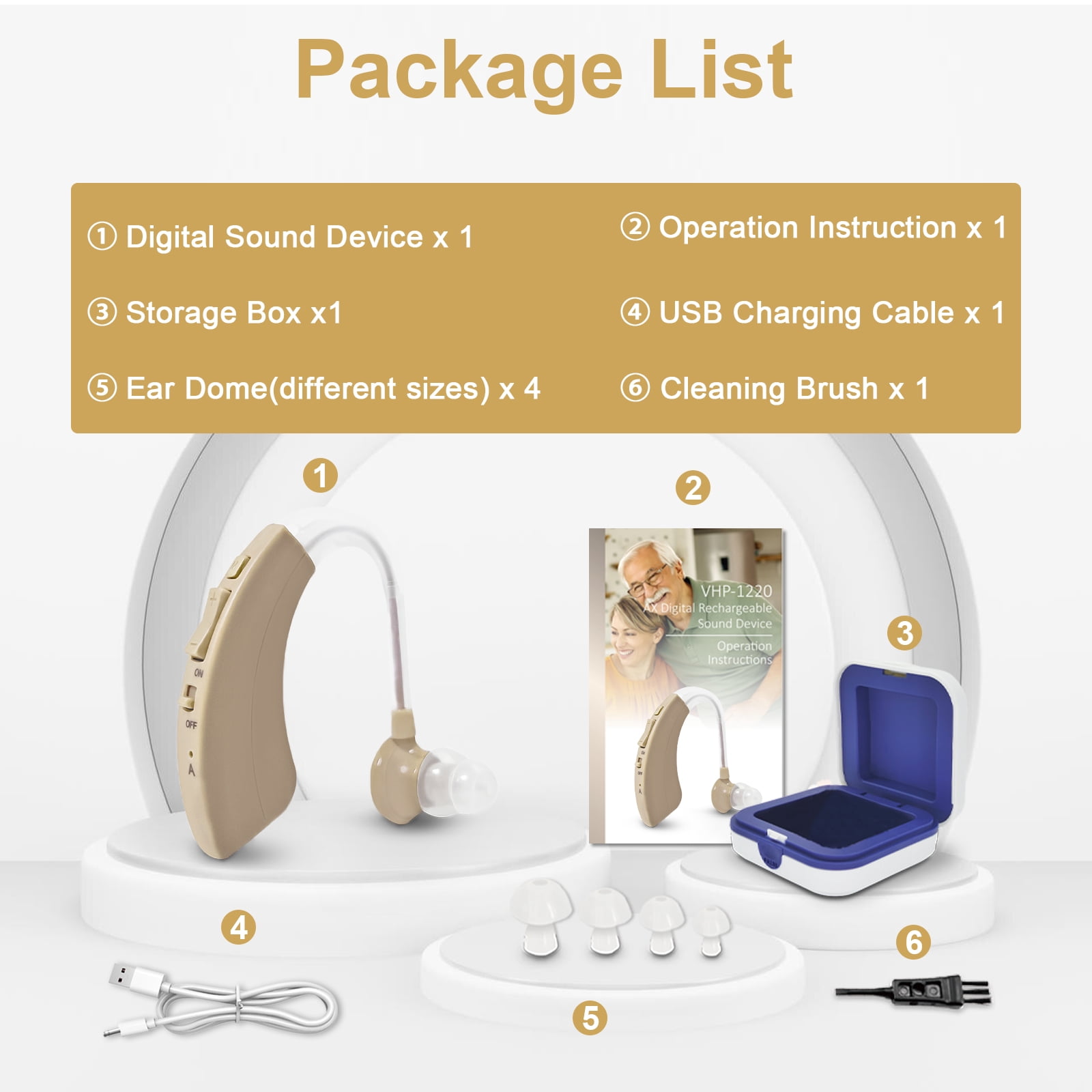 ELCTRTICI Hearing Aids for Seniors, Noise Cancelling Rechargeable Hearing Aid with Multi-Level Volume & Frequency Adjustment, Single, Gold VHP-1220AX