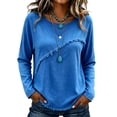thumbnail image 2 of Linen Tops for Women Summer Raw Trim Long Sleeve Frayed Vintage Shirts Lightweight Dressy Crew Neck Flowy Blouses Blue M, 2 of 5