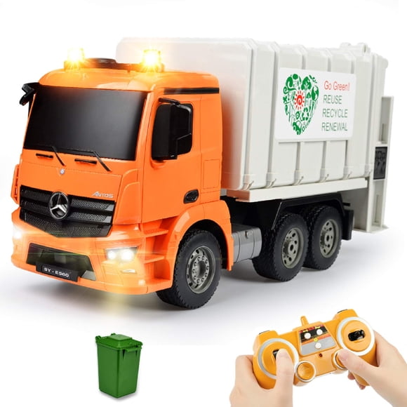 DOUBLE E Camion à Ordures Télécommandé sous Licence Benz, Ensemble de Jouets de Recyclage Électrique avec Poubelle, Vrais Lumières, Camion à Ordures Rechargeable pour la Gestion des Déchets T