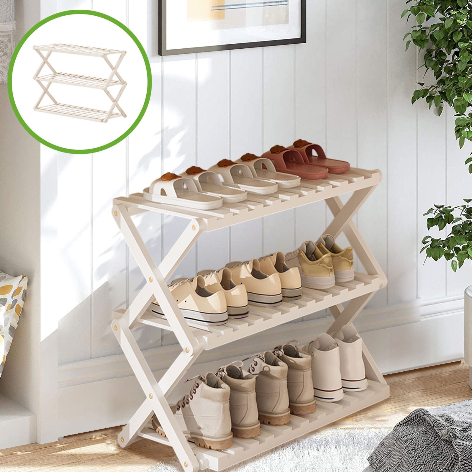 DAMAI 3 Tier Bamboo Shoe Rack,Portable Folding Multifunctional Free Standing Shoe Shelf Storage Shoe Storage Rack,Without Installation Small Shoe Rack Perfect for Corridors,Bedrooms and Small Spaces