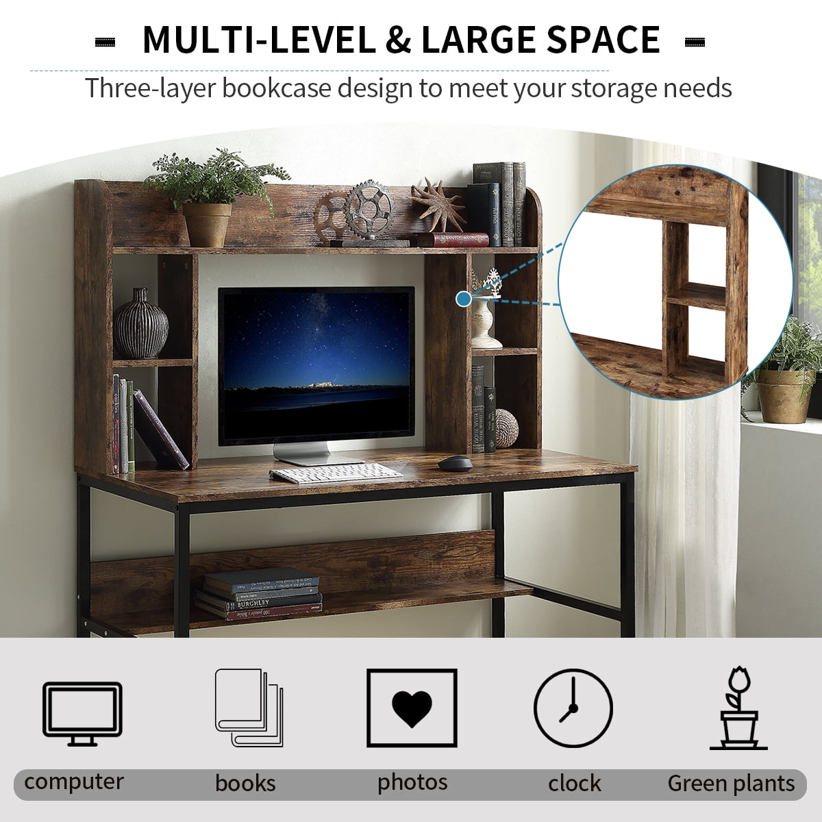 47" Rustic Computer Desk with Hutch, Home Office Desk and Modern Writing Desk with Storage Shelves