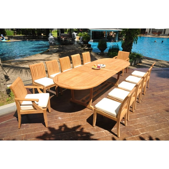 Grade-A Teak Dining Set: 12 Seater 13 Pc: 118" Double Extension Mas Oval Trestle Leg Table And 12 Lagos Chairs (2 Arm & 10 Armless Chairs) WholesaleTeak #WMLG40