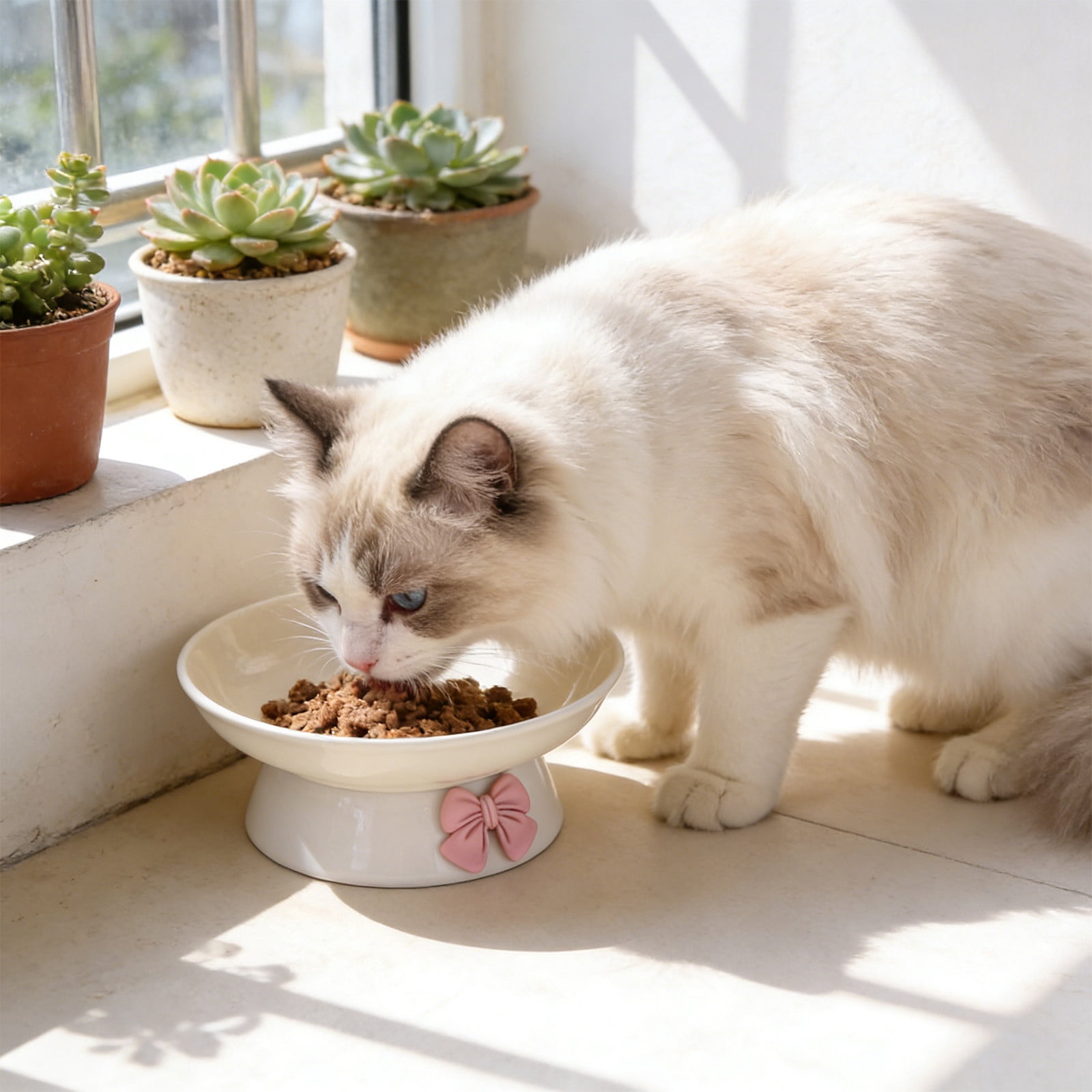 PONPRNGY Ceramic Bowls, Elevated cat Bowl, Anti-Vomiting, Whisker Friendly Raised Bowl, Easy to Clean, Non-Slip, Suitable for Small s