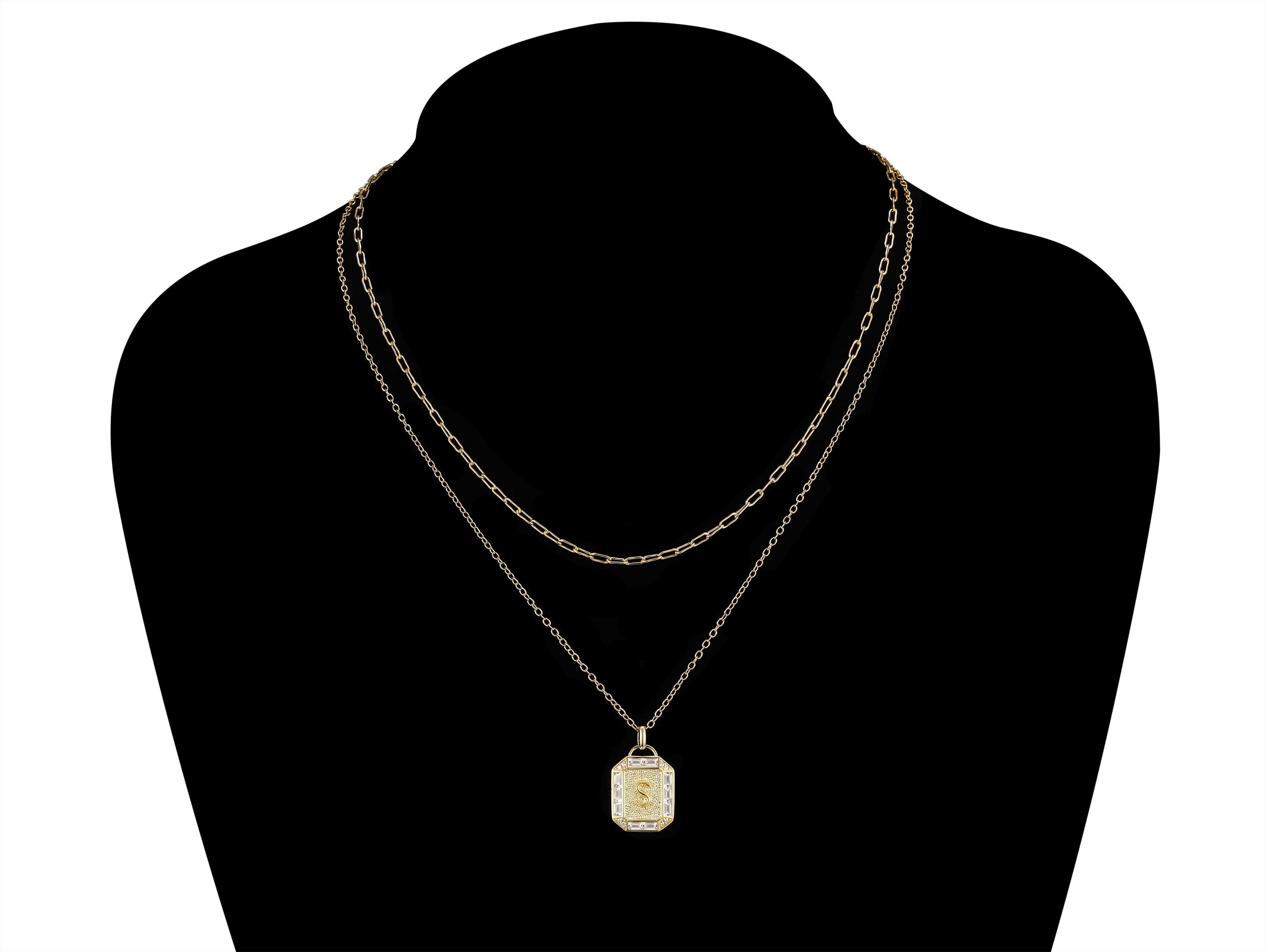 Adult 14KT Gold Flash Plated Initial Double Necklace Set with Simulated Diamonds