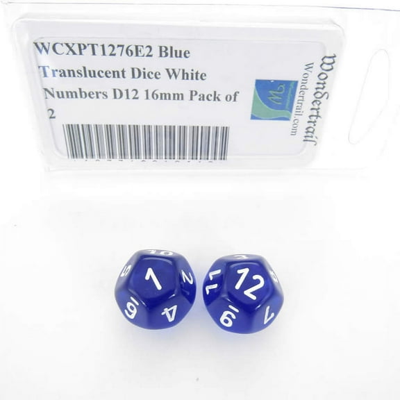 Blue Translucent Dice with White Numbers D12 Aprox 16mm (5/8in) Pack of 2 Wondertrail