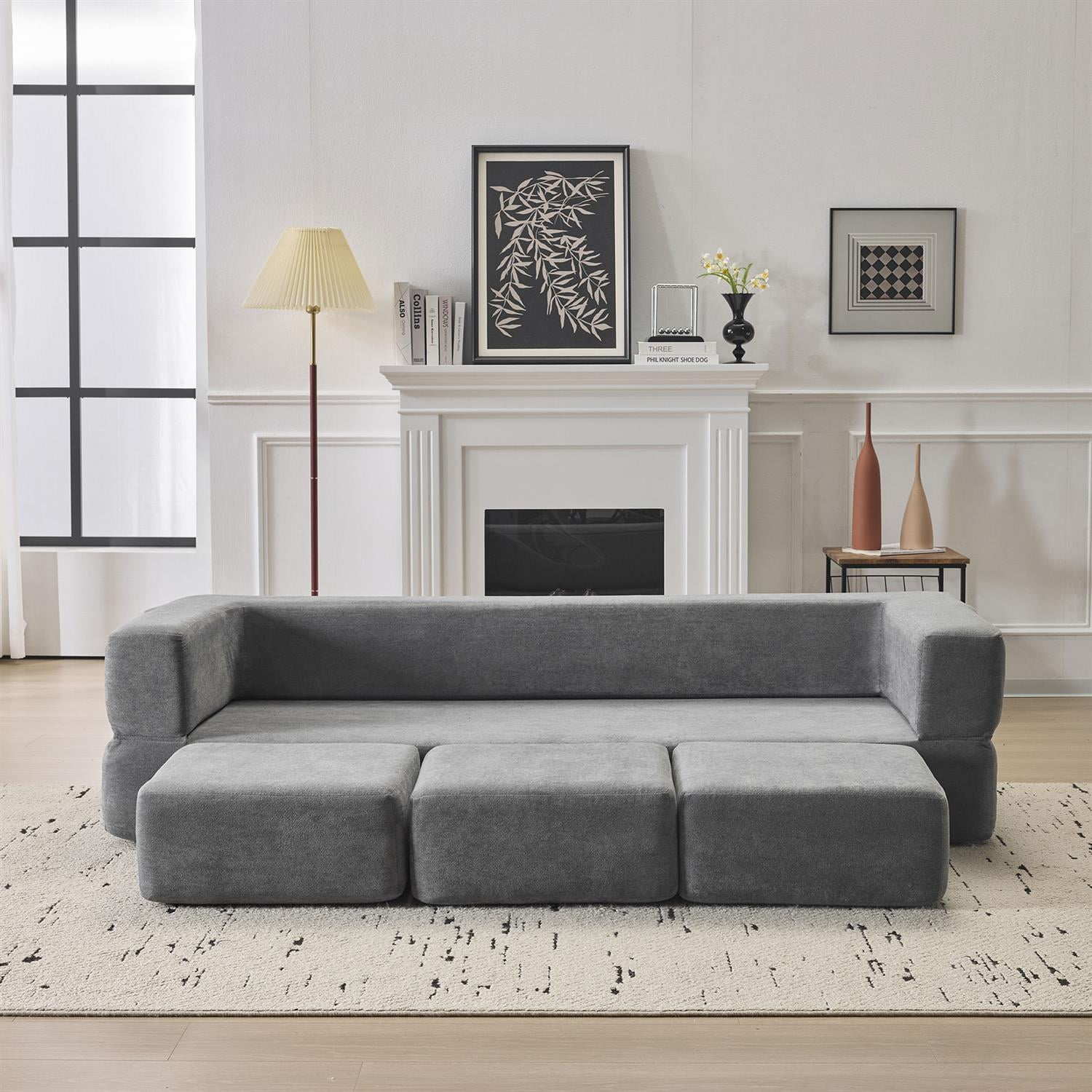 Demi Bonn Convertible Sectional Sofa with 3 Storage Ottomans, Space-Saving Chenille Couch, High-Resilience Foam for Studio Apartments & Home Offices, Gray