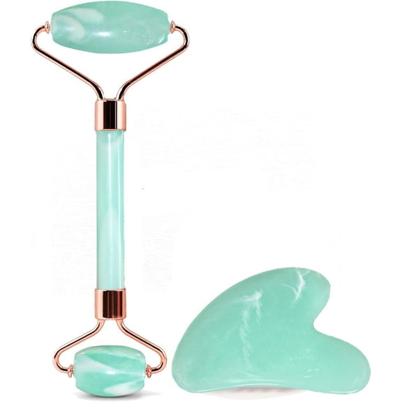 Gua Sha and Rolling Massage Set for Face, Neck and Eyes Eliminate Puffiness, Wrinkles Jade Facial Tools