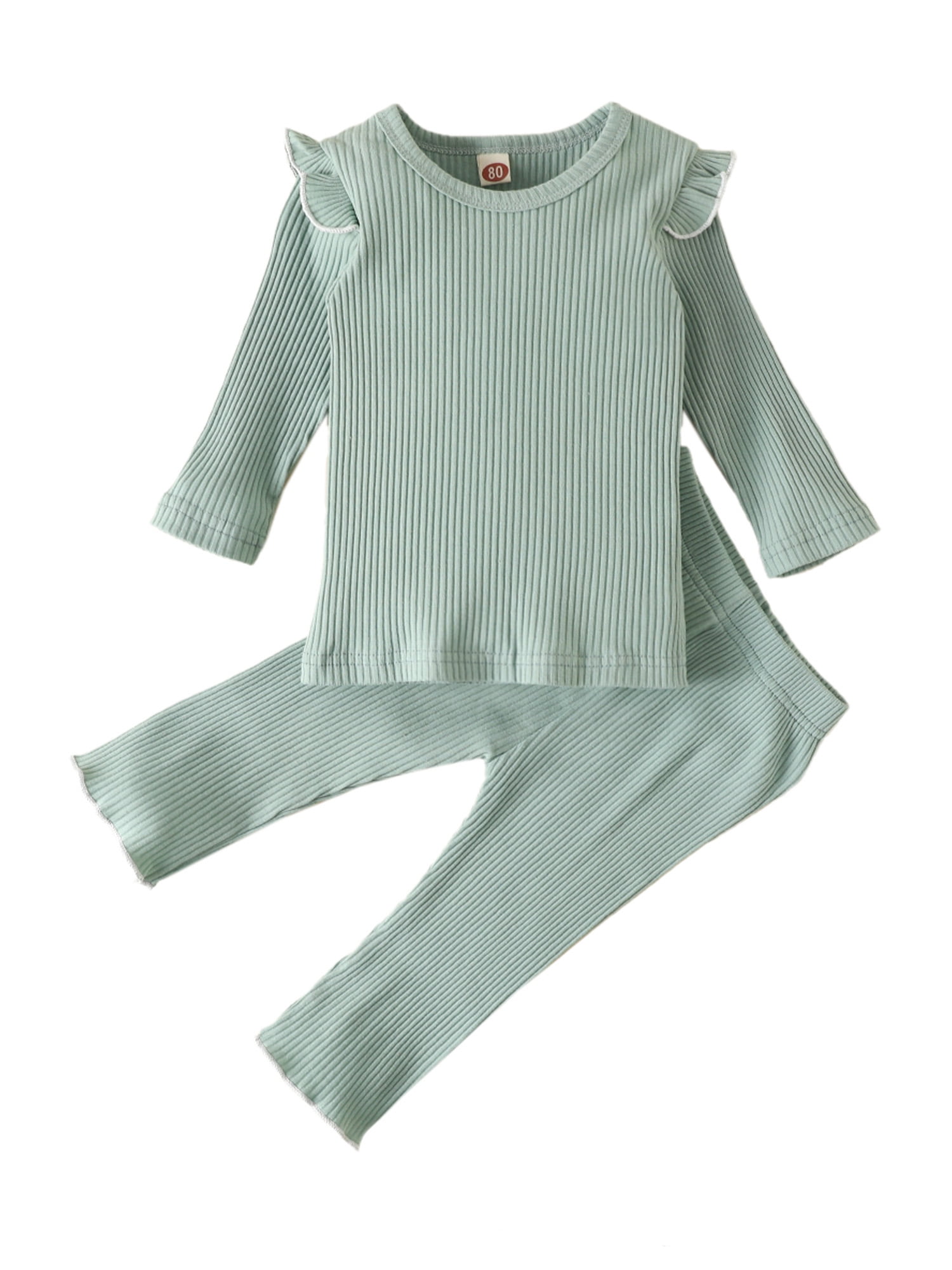 Toddler Baby Girls Long Sleeve Solid Ruffle Tops Pants Pajamas Sleepwear Set 