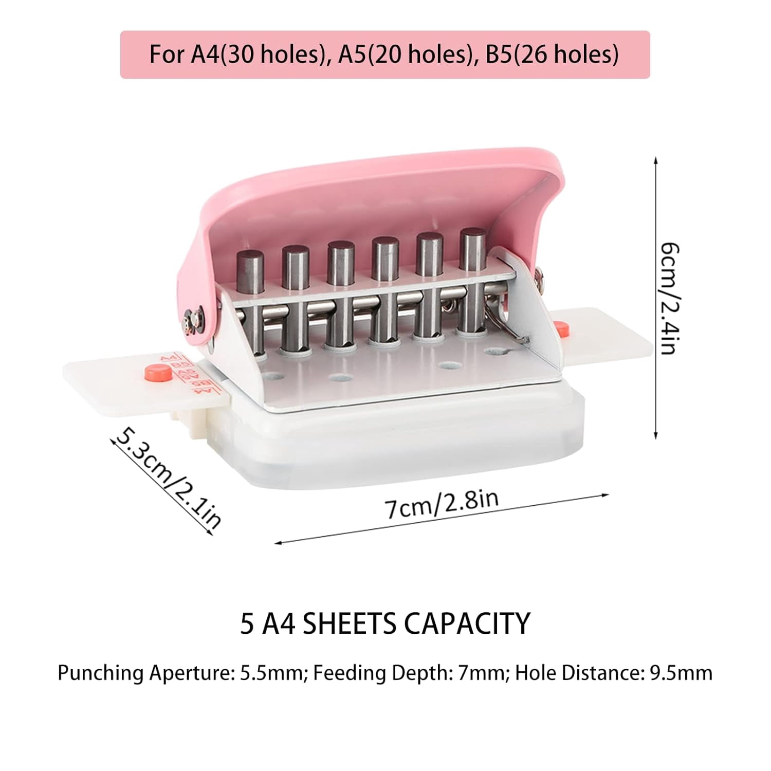ABCISI 6 Hole Punch, Loose Leaf Paper Puncher for A4/A5/B5 Size, Portable Handheld Metal Circle Punch Paper Puncher, 5 Sheet Capacity, Pink
