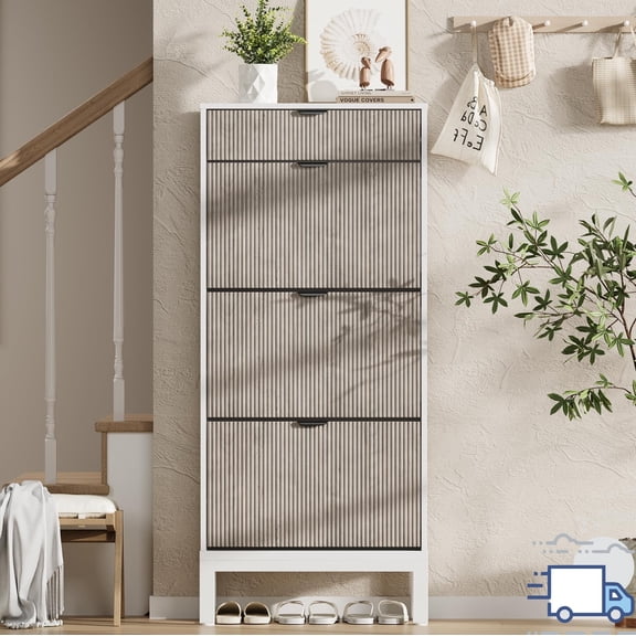 Slim Shoe Storage Cabinet with 3 Flip Drawers, Adjustable Shelves, Hidden Shoe Organizer, Farmhouse Fluted Wooden Shoe Rack for Entryway, Hallway, or Closet