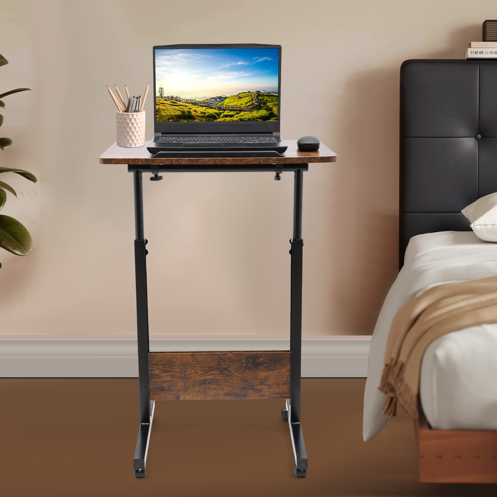 Fichiouy Mobile Standing Desk Adjustable Standing Desk Converter with Wheels Rolling Desk Laptop Cart for Home Office