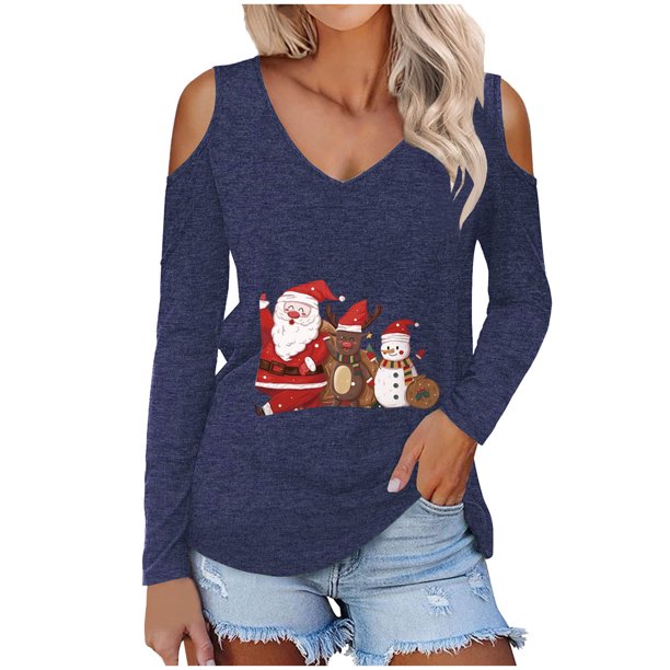Camisas de Navidad Para Mujer Tops de Manga Larga Con Cuello en V Impreso Fuera Del Hombro Blusa Suelta Jersey Odeerbi ODB198274