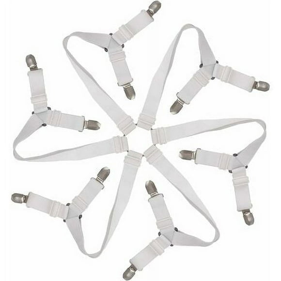 Elastic Fitted Sheet Tensioner, Adjustable 6 Way Fitted Sheet Fastener, Bed Sheet Fasteners, Adjustable Holding Strap for All Round and Square Mattresses (White)