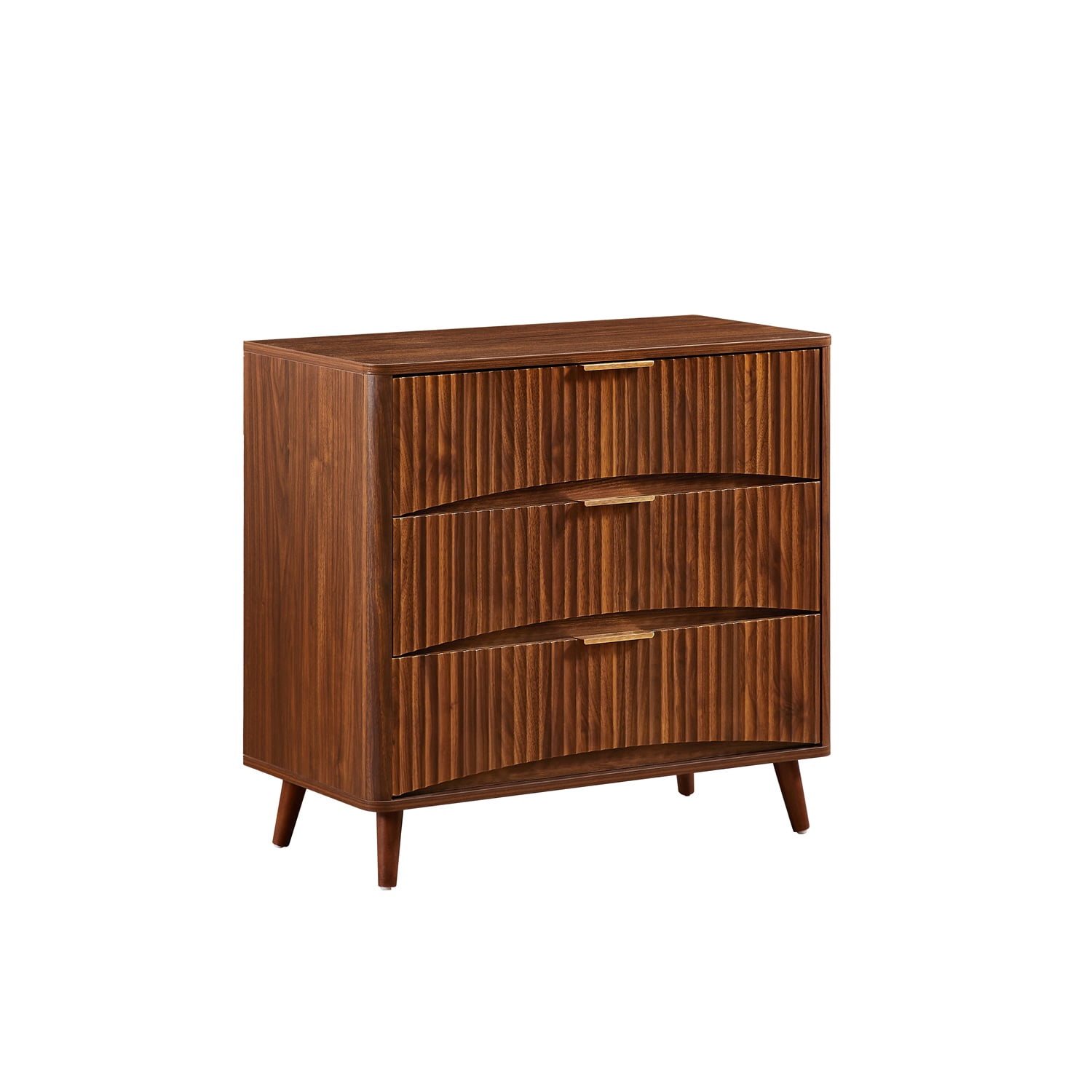 Hommoo Fluted 3-Drawer Dresser Set of 2, Mid-Century Modern Tall Chest with Vertical Grooved Design, Solid Wood-Look Particle Board & MDF Storage Cabinet for Bedroom or Living Room, Walnut