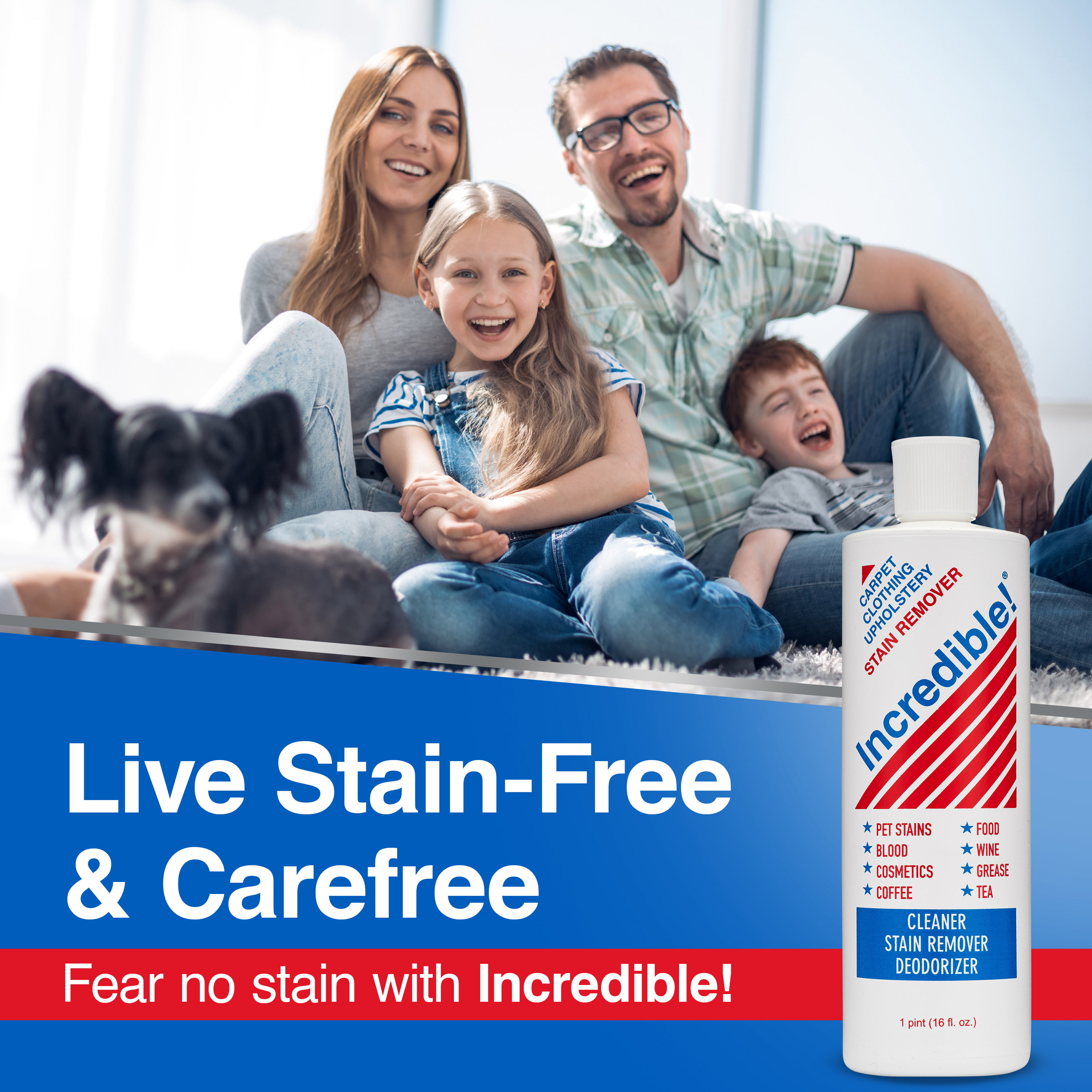Incredible! Stain Remover - Stain Remover for Clothes, Laundry, Carpets,  Mattress & Upholstery, Removes Pet Stains, Urine, Odors, Red Wine, Grease