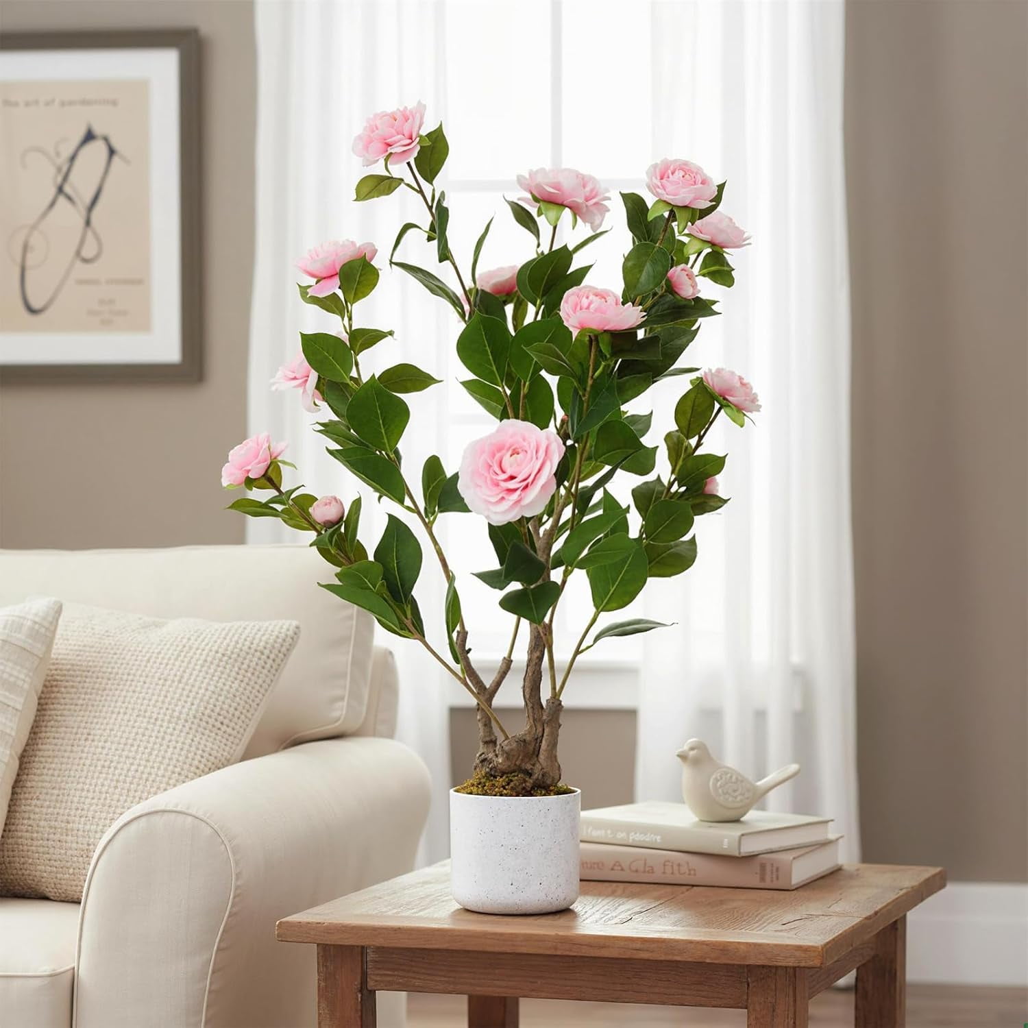 Lifelike Artificial Camellia Tree in Pot - 2 Packs Realistic Faux Flowers with White Planter, Fake Plant for Home Office Decor, Wedding Centerpiece Gift, Pink