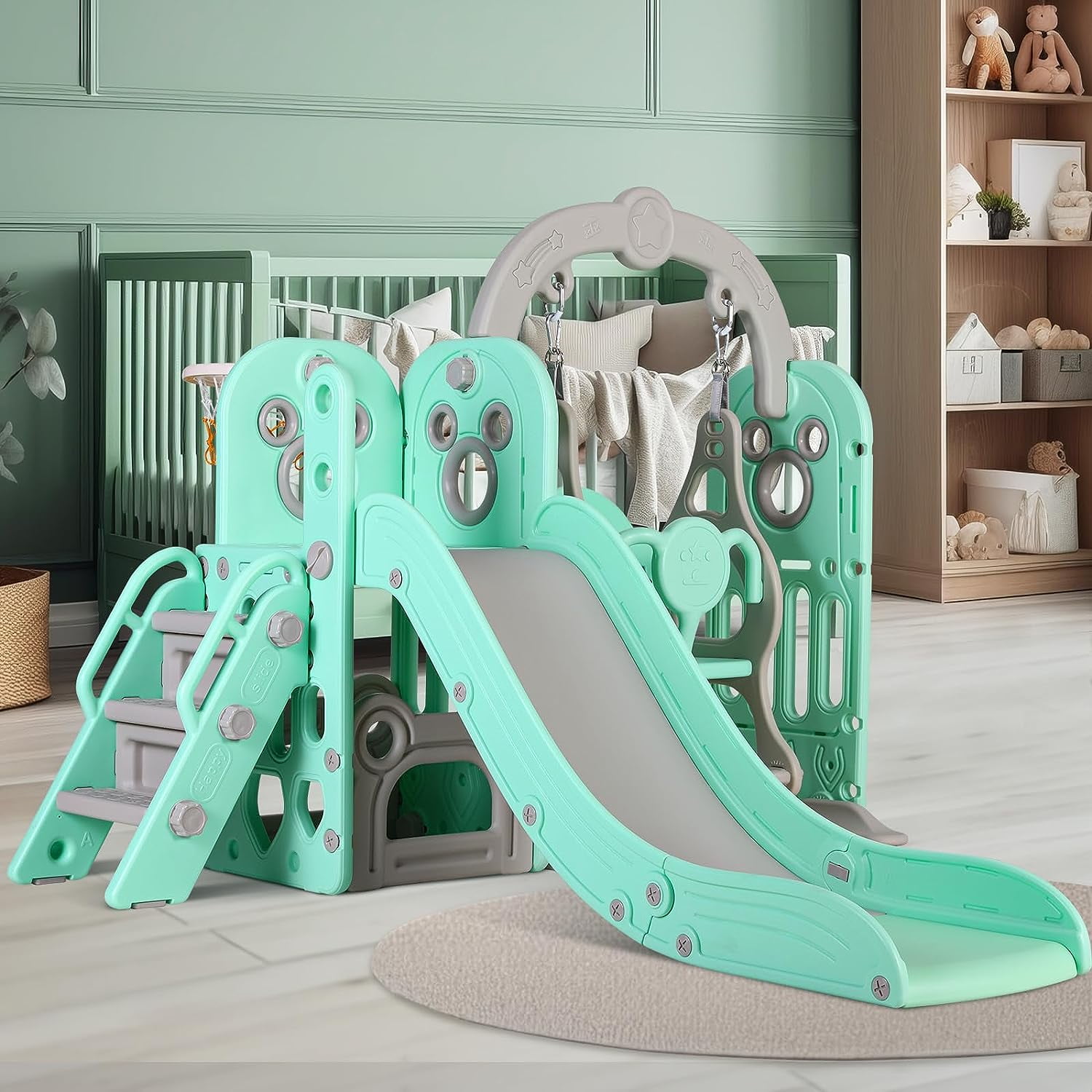 LAZY BUDDY Kids Slide and Swing Set, Toddler Swing Set with Basketball Hoop, Storage Space, Outdoor Indoor Playground for Toddlers 2+