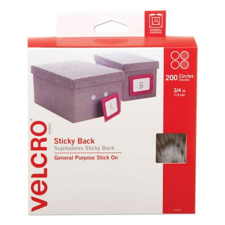 Velcro Sticky-Back Fasteners, Removable Adhesive, 0.75" dia, White, 200/Box, Each