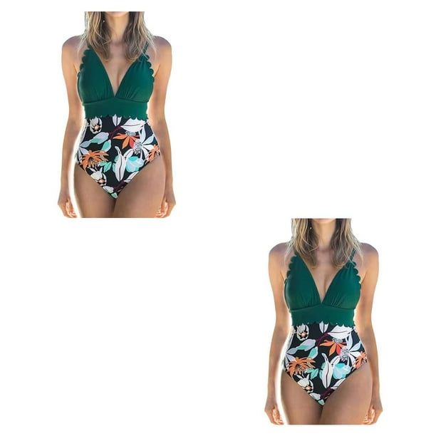 Sonducket Traje de baño sin mangas para mujer, traje de baño con relleno, traje de baño a la moda, ropa de playa, verde + flor blanca M Type7 NO7 Sonducket CBP218396