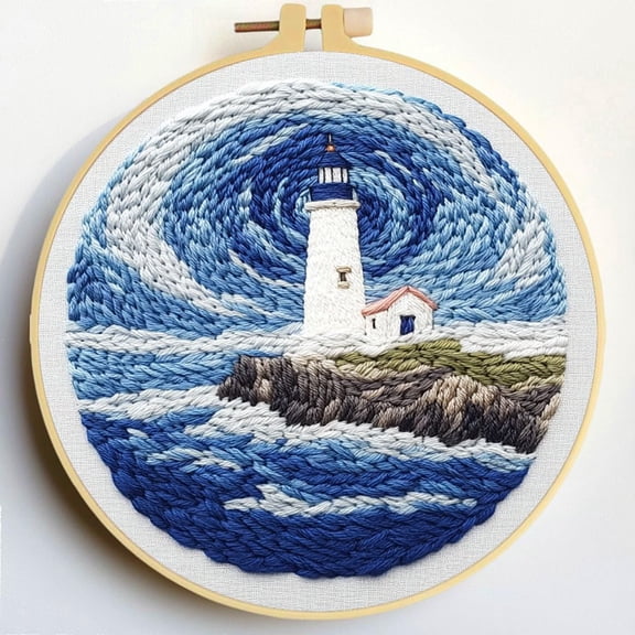 Punch Needle Kits Lighthouse and Sea Embroidery Starter Set with Hoop Easy for Beginners DIY Stress Relief Handmade Craft Hobby and Home Decor 20x20cm-4