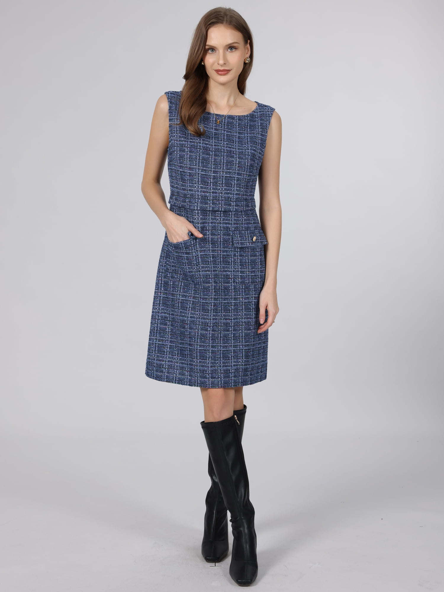 DARING DIVA Women's Sleeveless Elegant Tweed Boat Neck Sheath Dress M Navy Blue
