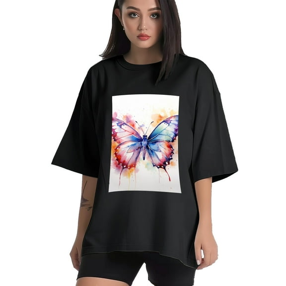 Plus Size Shirt for Women Black Tops for Women Oversized Short Sleeves Shirt for Women Butterflie3 T Shirt Crewneck Shirt for Women 3XL