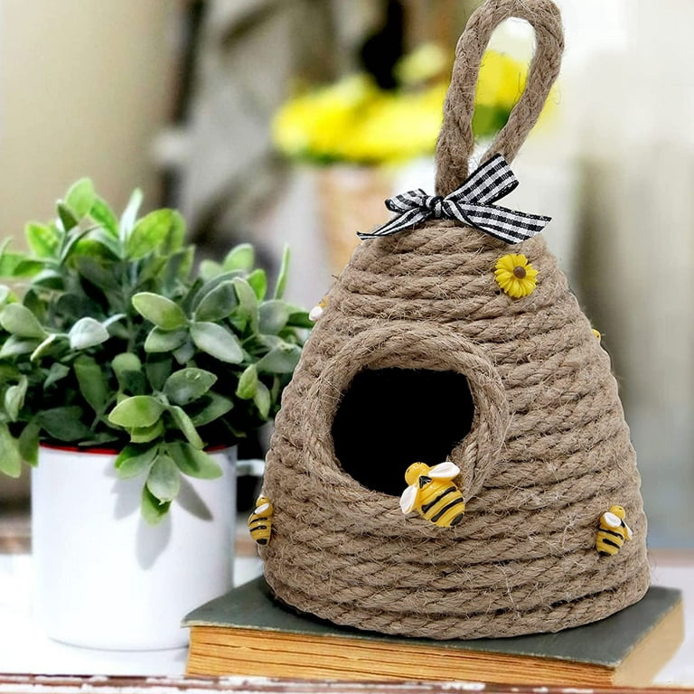 Beehive Decor Jute Hanging Bee Tiered Tray Decor Cute Handmade Honeycomb Decoration Bee Themed Party Ornament for Farmhouse Country Kitchen Bookshelf