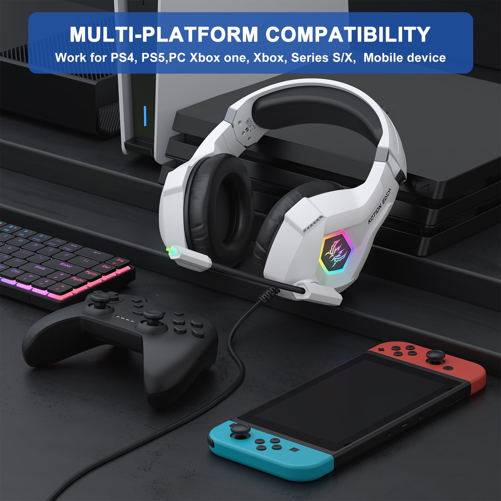 Wired Gaming Headsets for PS4 PS5 Switch Xbox One PC with 3.5MM,RGB Light, Noise Canceling Mic,Surround Sound,Over Ear Muffs Gaming Headphones,White