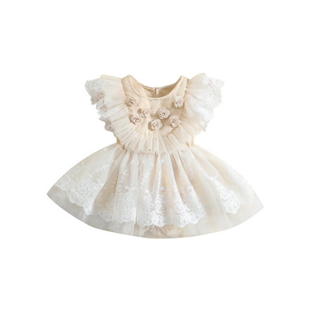 

Xkwyshop Adorable Baby Girls Romper Fly Sleeve Crew Neck Flower Lace Tulle Patchwork A-line Mini Dress Apricot 0-3 Months
