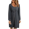 thumbnail image 1 of Robes d'Automne pour Femmes 2022 Col Ras du Cou Boutonnée Robe à Manches Longues Couleur Unie Taille Décontractée Fluide Robe Courte, 1 of 6
