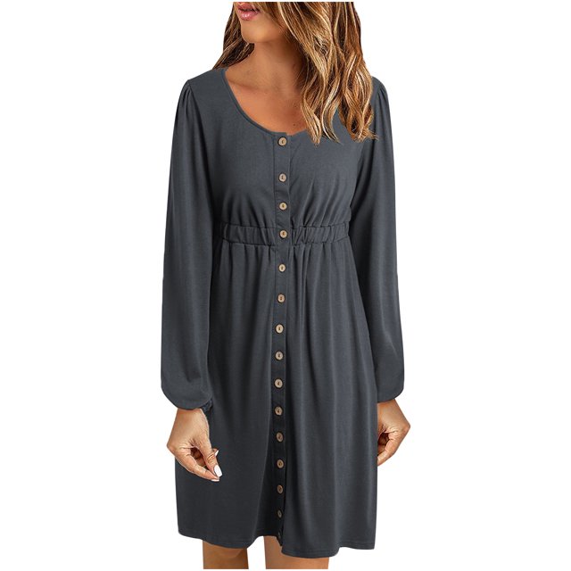 Robes d'Automne pour Femmes 2022 Col Ras du Cou Boutonnée Robe à Manches Longues Couleur Unie Taille Décontractée Fluide Robe Courte