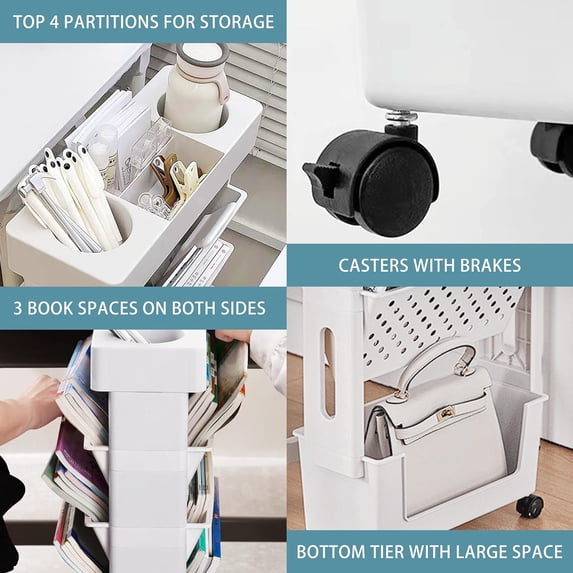 5 Tier Rolling Utility Cart Multi-Functional Movable Storage Book Shelves with Lockable Casters for Study Office Kitchen Classroom, White