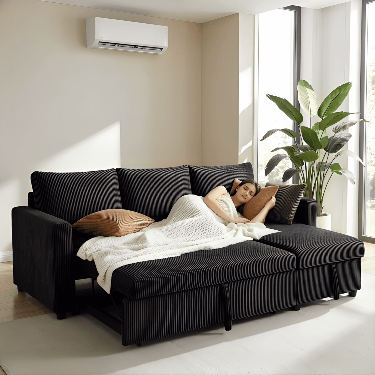 Leumius L Shaped Corduroy Sectional Sofa, 3 Seater Convertible Sofa Bed with Pull Out Bed & Storage Chaise, Sleeper Sofa Couch Bed for Small Living Room, Apartment, Office,Black