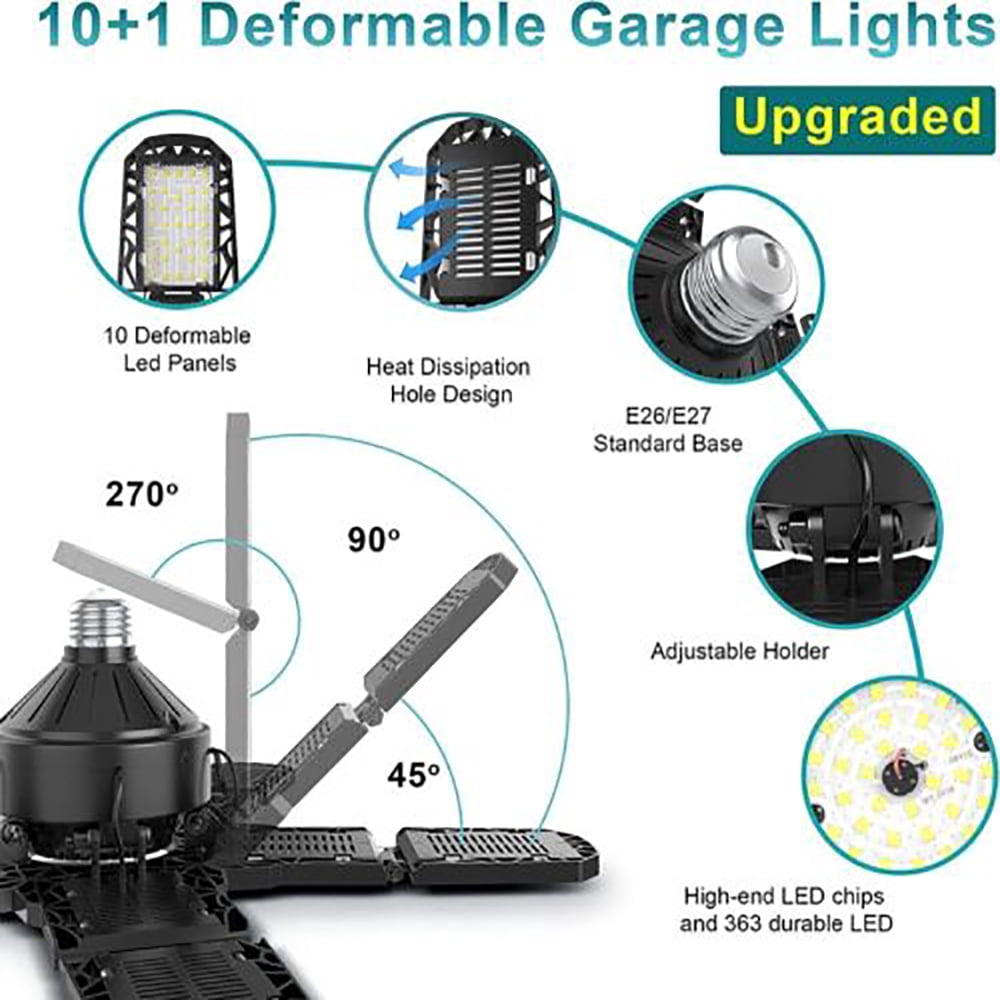 MDHAND 300W LED Garage Light, 30000LM Super Bright, Foldable 5 Adjustable Panels, E26 Base, for Basement Warehouse Shop